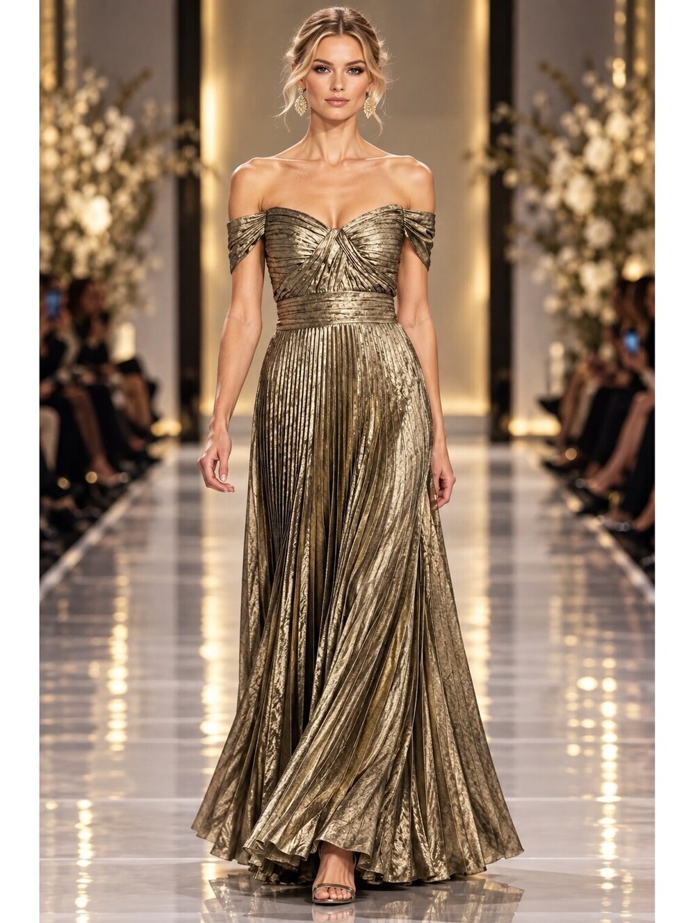Tahari Metallic Off Shoulder Pleated Gown Sz 16 NWT Gold Bronze Formal Evening